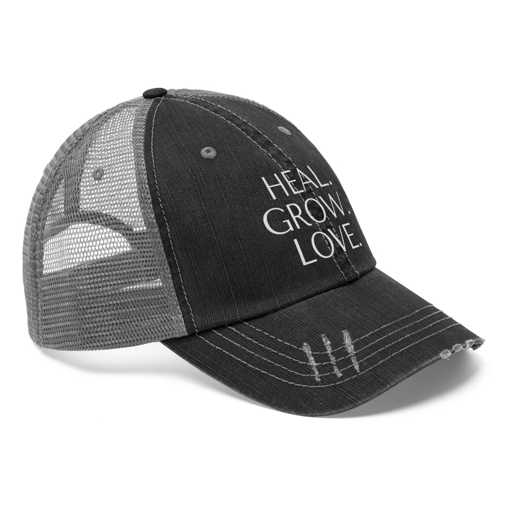 Unisex Trucker Hat: Heal. Grow. Love.