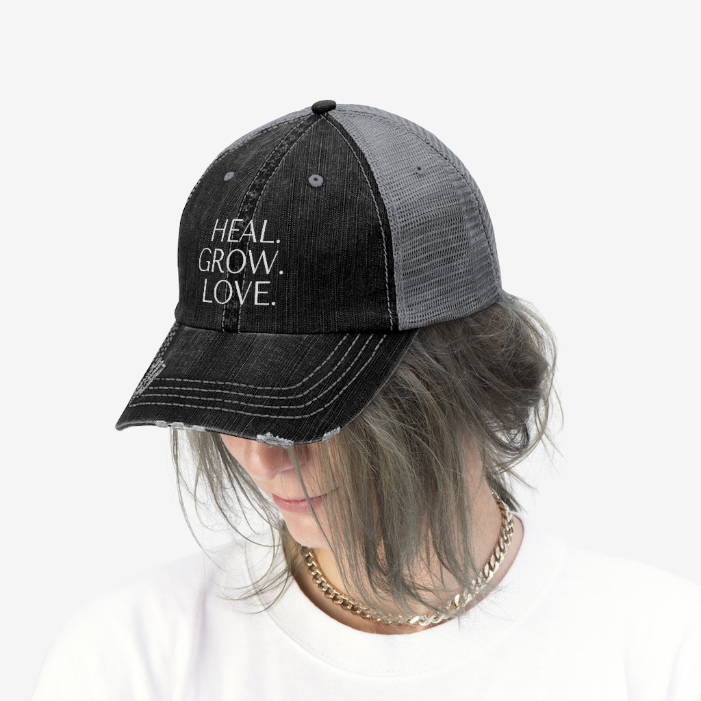 Unisex Trucker Hat: Heal. Grow. Love.