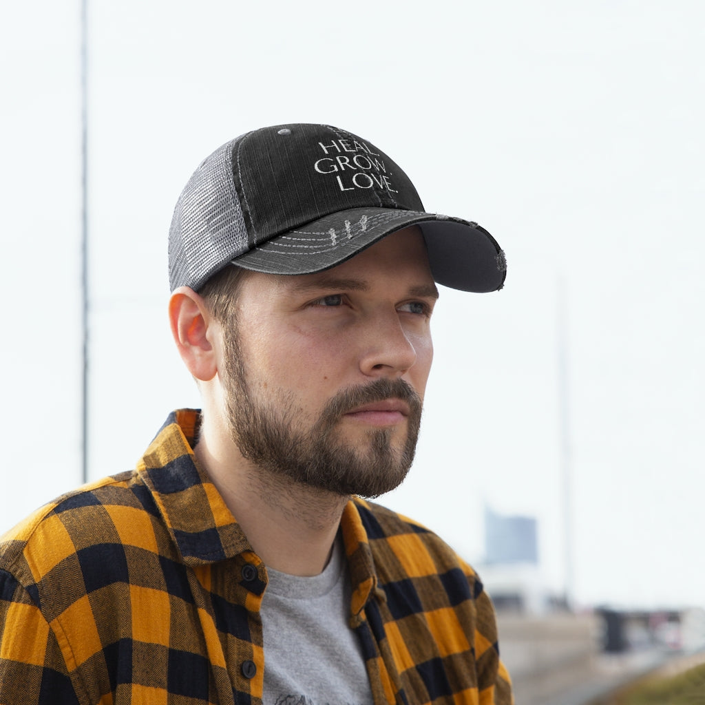 Unisex Trucker Hat: Heal. Grow. Love.